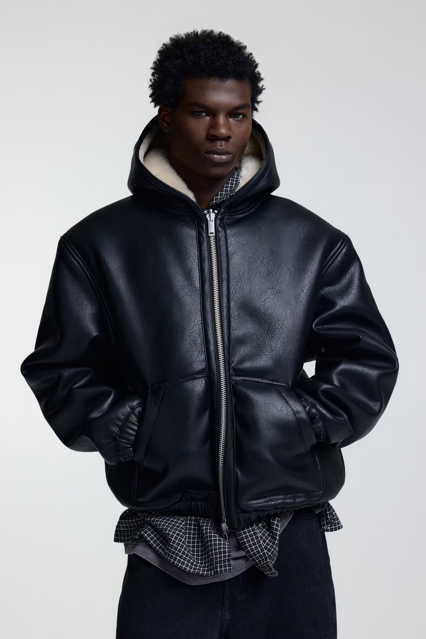 Unisex Black Wool Blend Varsity Jacket with Faux Leather Sleeves