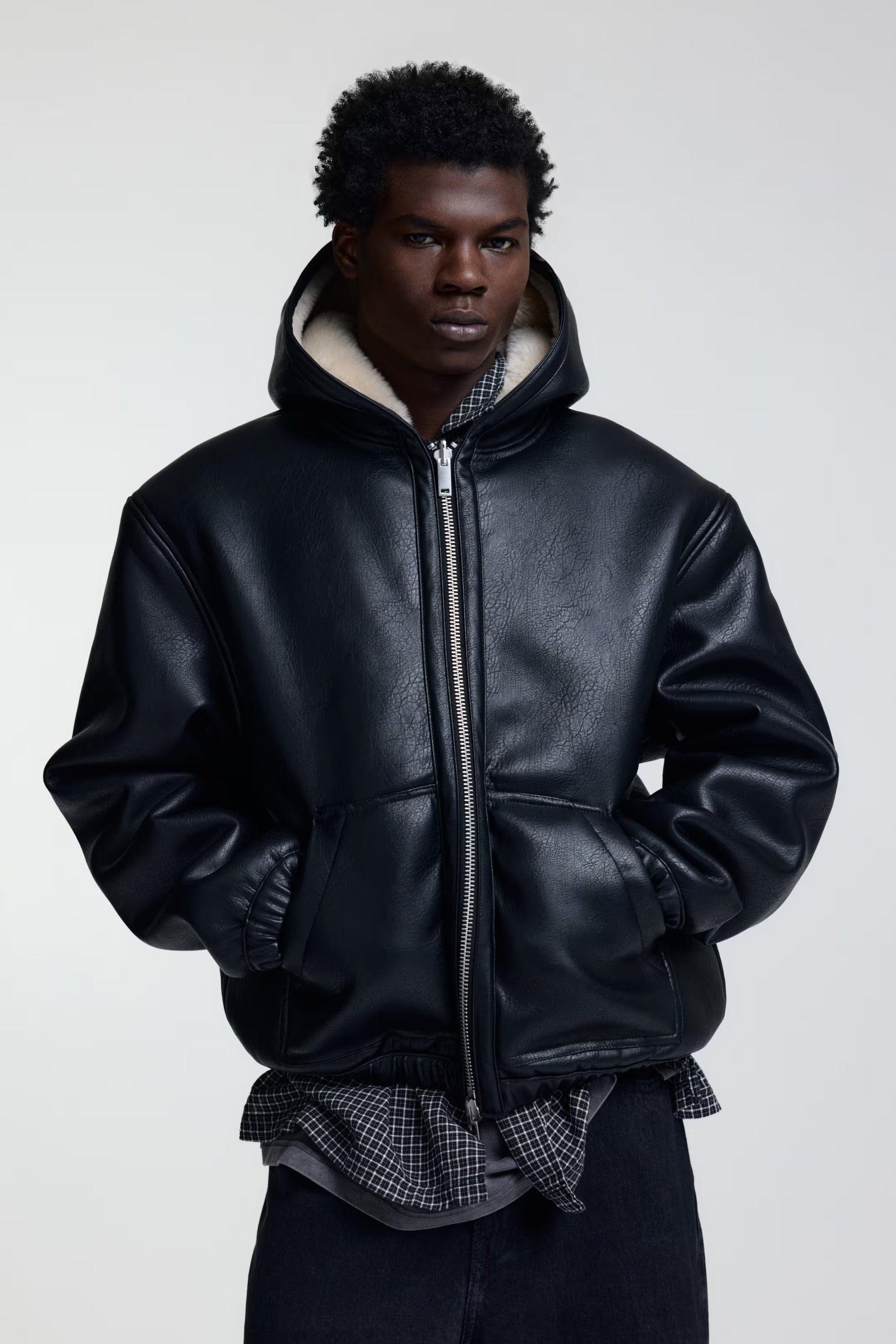 Unisex Black Wool Blend Varsity Jacket with Faux Leather Sleeves