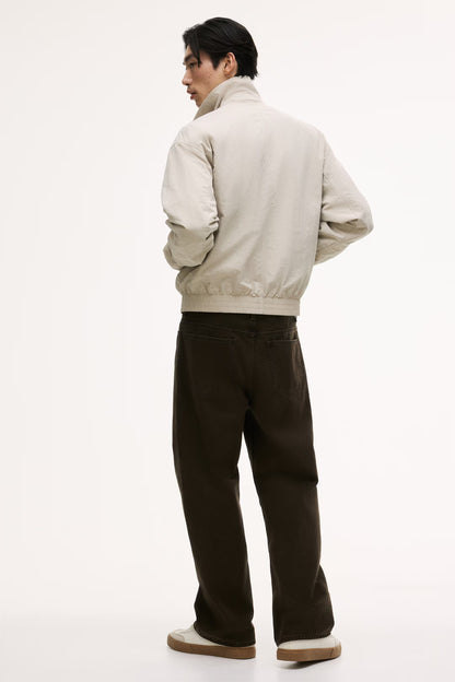 Beige Nylon Collared Bomber Jacket with Two-Way Zip and Elastic Cuffs