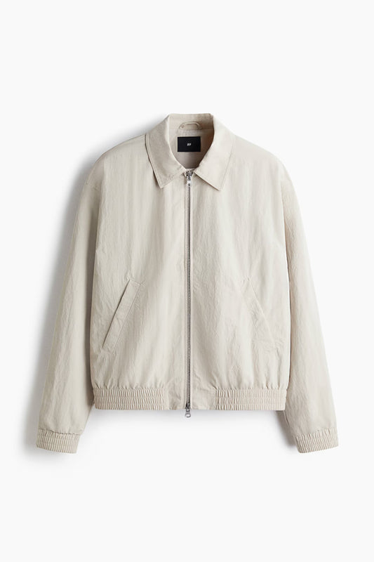Beige Nylon Collared Bomber Jacket with Two-Way Zip and Elastic Cuffs