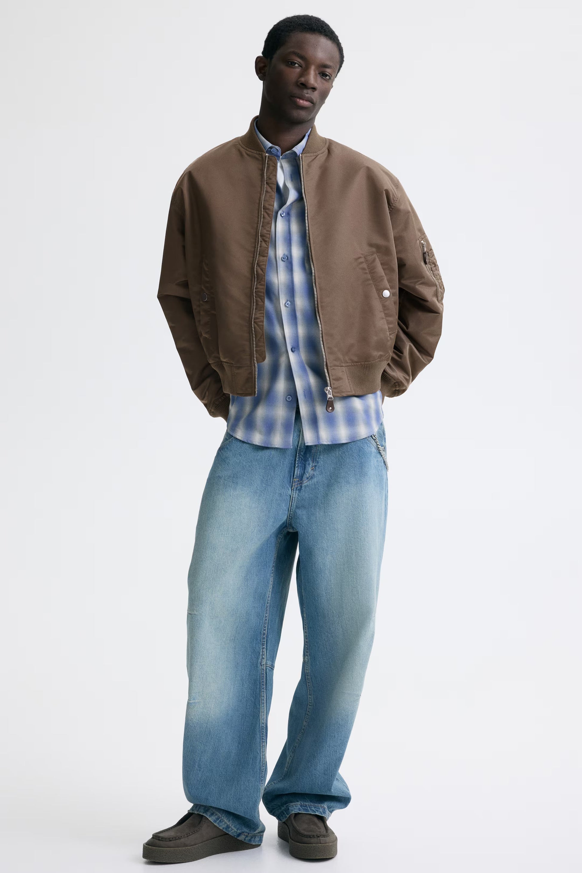 Men's Brown Padded Nylon Bomber Jacket with Ribbed Stand Collar