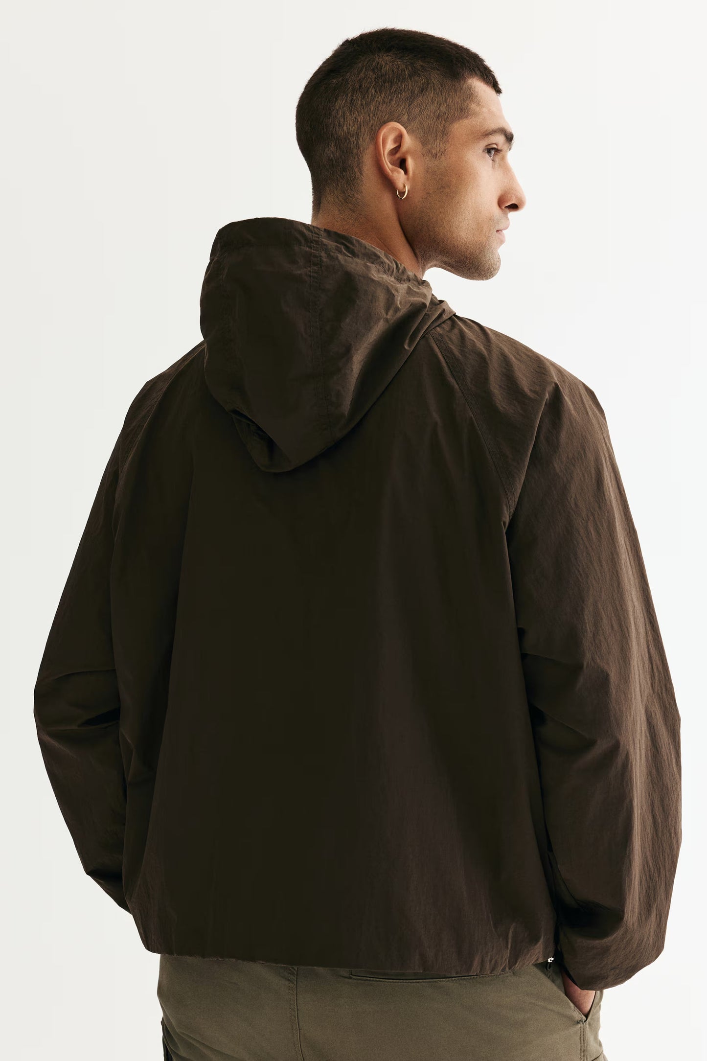 Loose Fit Lightweight Brown Nylon Windbreaker Jacket with Hood
