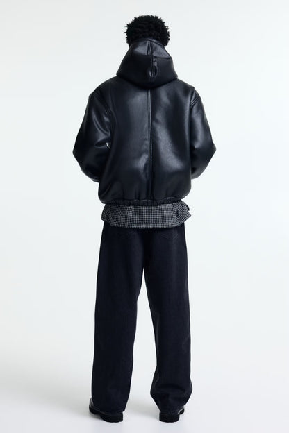 Unisex Black Wool Blend Varsity Jacket with Faux Leather Sleeves