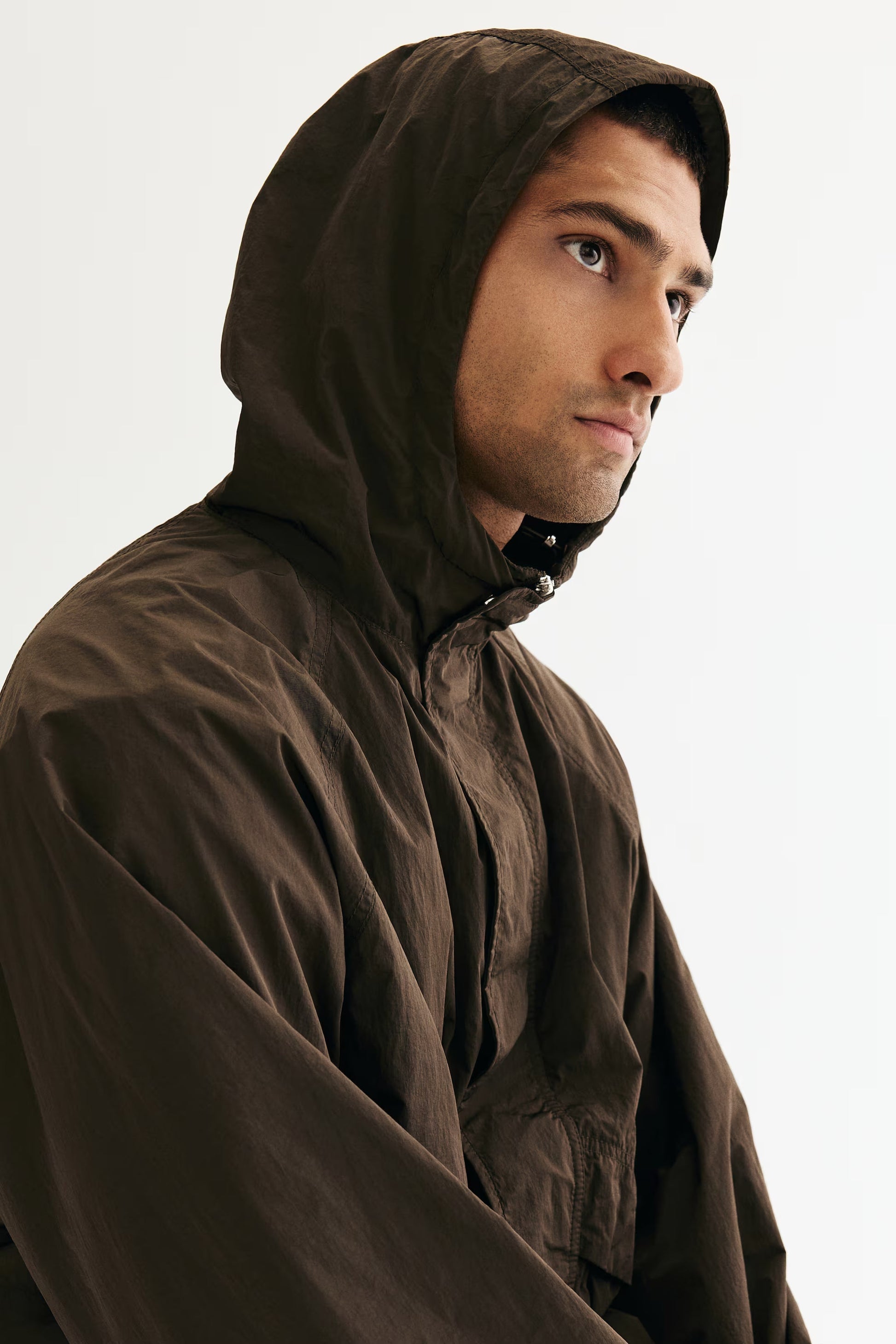 Loose Fit Lightweight Brown Nylon Windbreaker Jacket with Hood