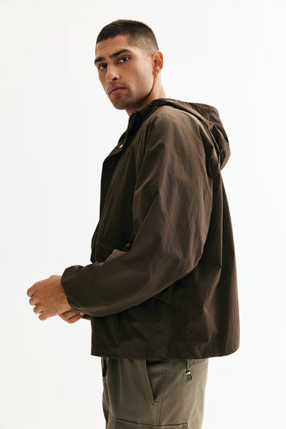 Loose Fit Lightweight Brown Nylon Windbreaker Jacket with Hood
