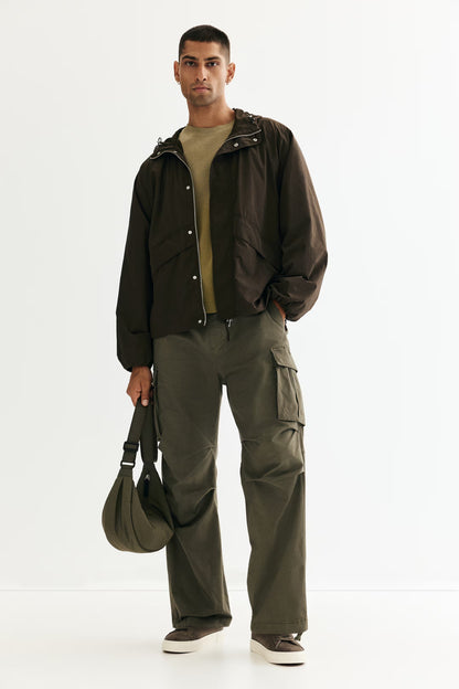 Loose Fit Lightweight Brown Nylon Windbreaker Jacket with Hood