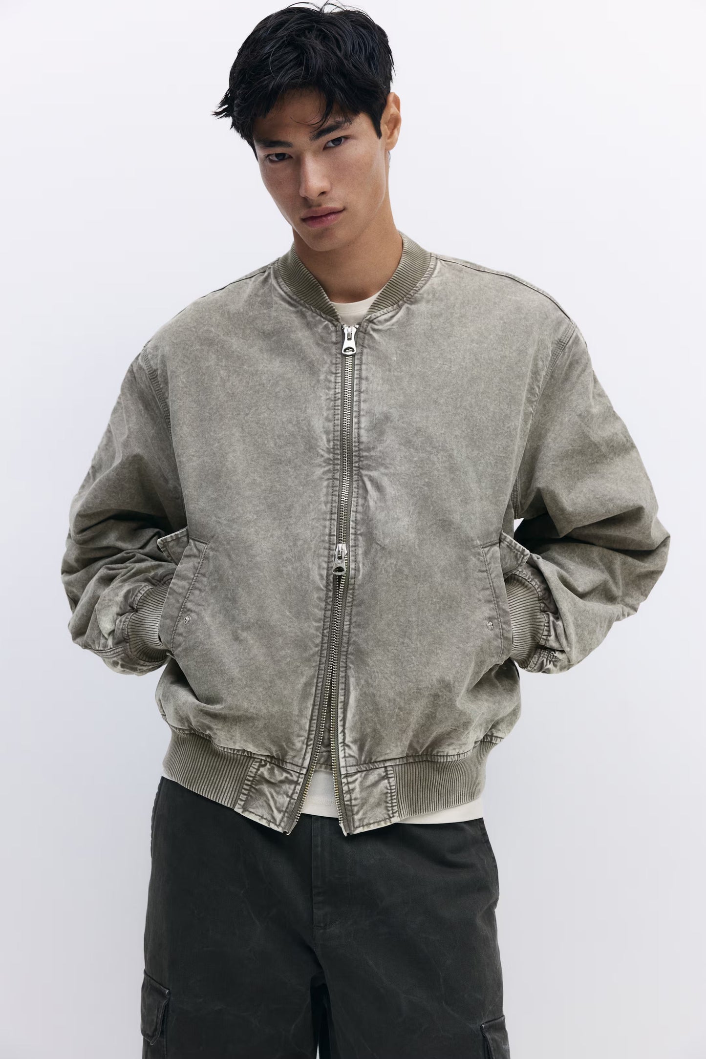 Men's Washed Cotton Bomber Jacket with Ribbed Collar and Pockets
