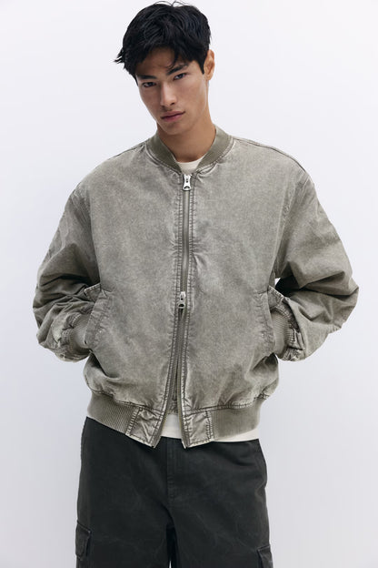 Men's Washed Cotton Bomber Jacket with Ribbed Collar and Pockets